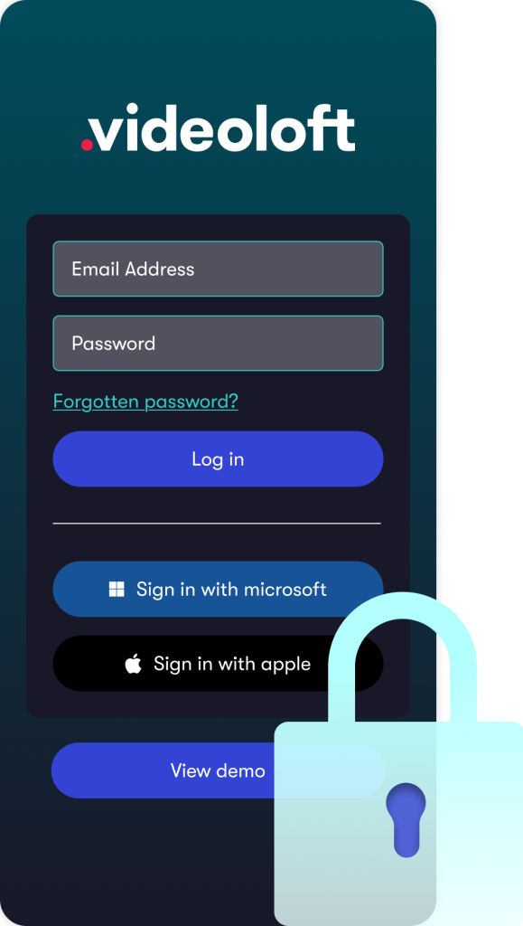 Videoloft mobile app login screen showing secure sign-in options and data protection features for accessing security camera footage.