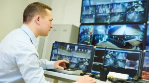 Security staff monitoring their cameras through multiple monitors