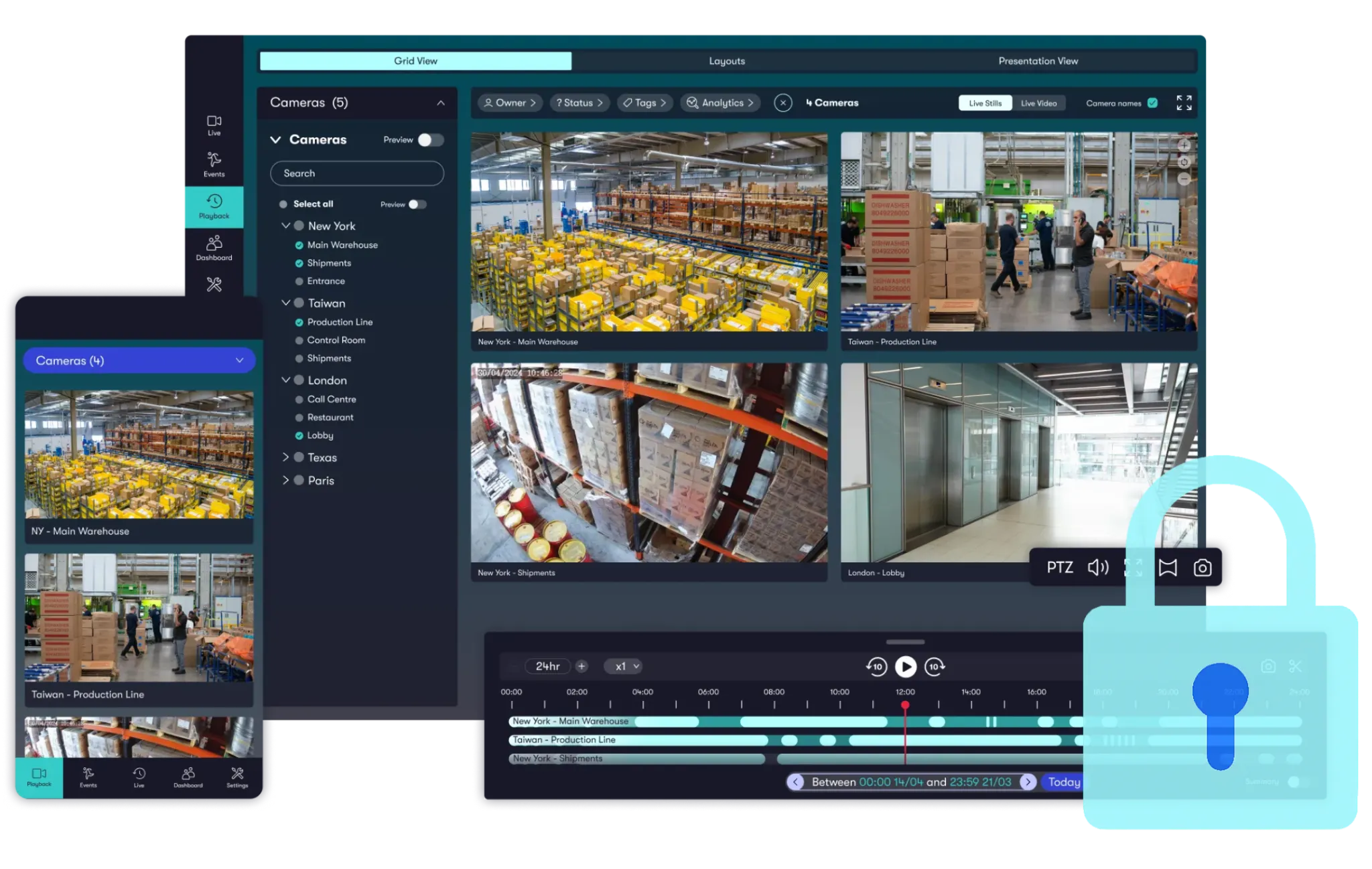 Videoloft VMS on desktop and the mobile app viewing camera feeds from multiple locations. Padlock icon overlayed representing the security of cloud video surveillance.