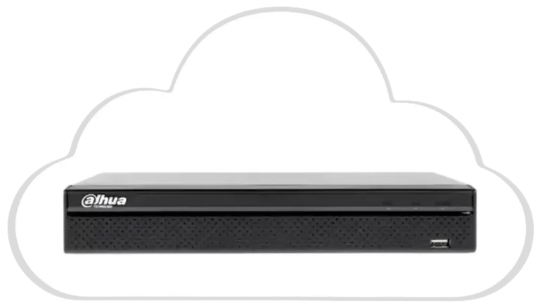 Dahua NVR shown inside a cloud icon, representing cloud backup or cloud storage for Dahua video recorder footage.