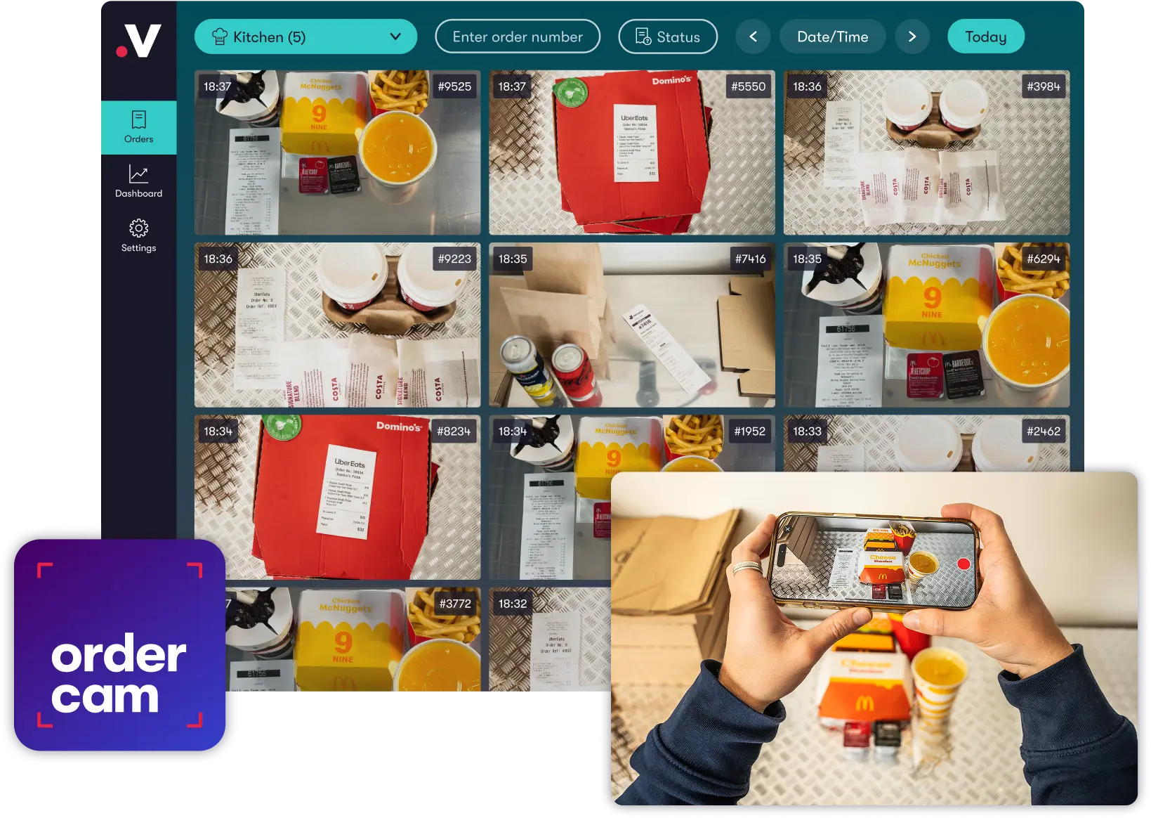 Cloud-based order verification dashboard showing multiple kitchen camera views of takeaway meals, including receipts, drinks and food packaging, alongside a staff member using a smartphone to photograph and confirm an order before dispatch.
