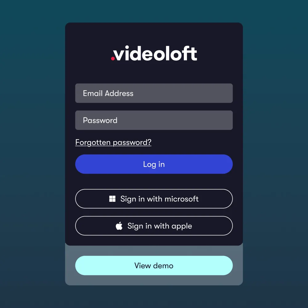 Videoloft login screen with sign in options like Apple or Microsoft