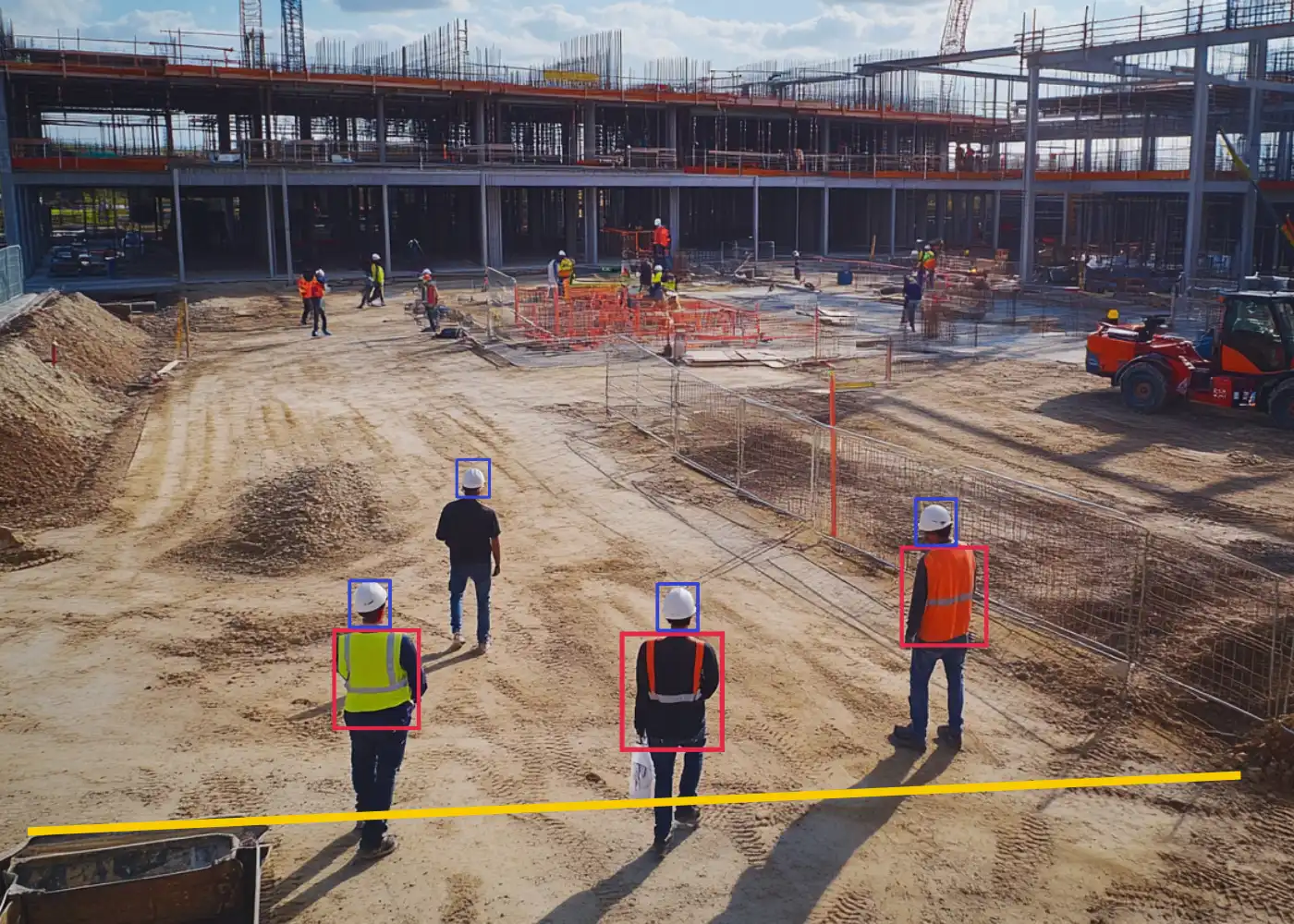 Videoloft cloud video analytics detecting PPE compliance on a construction site. AI identifies hard hats and high-vis vests for safety monitoring.