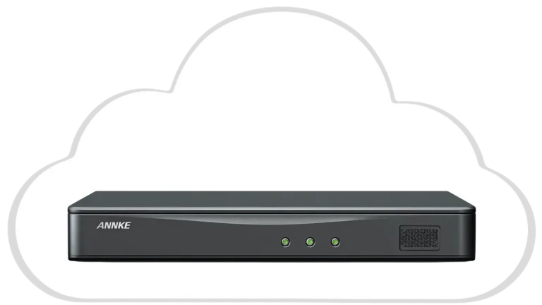 ANNKE NVR displayed within a cloud shape representing cloud-based CCTV storage and backup.