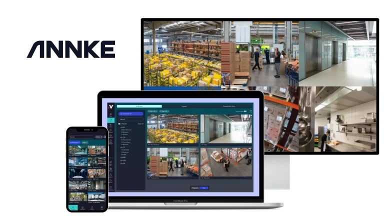 ANNKE cameras connected to the Videoloft cloud platform showing live video feeds from warehouses, offices, and kitchens on desktop and mobile devices.