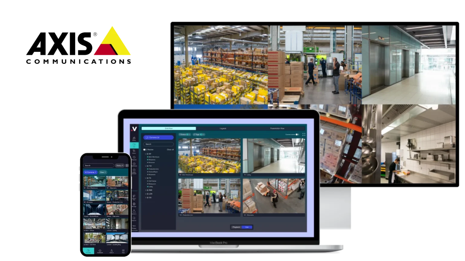 Axis cameras connected to the Videoloft cloud platform showing live video feeds from warehouses, offices, and kitchens on desktop and mobile devices.