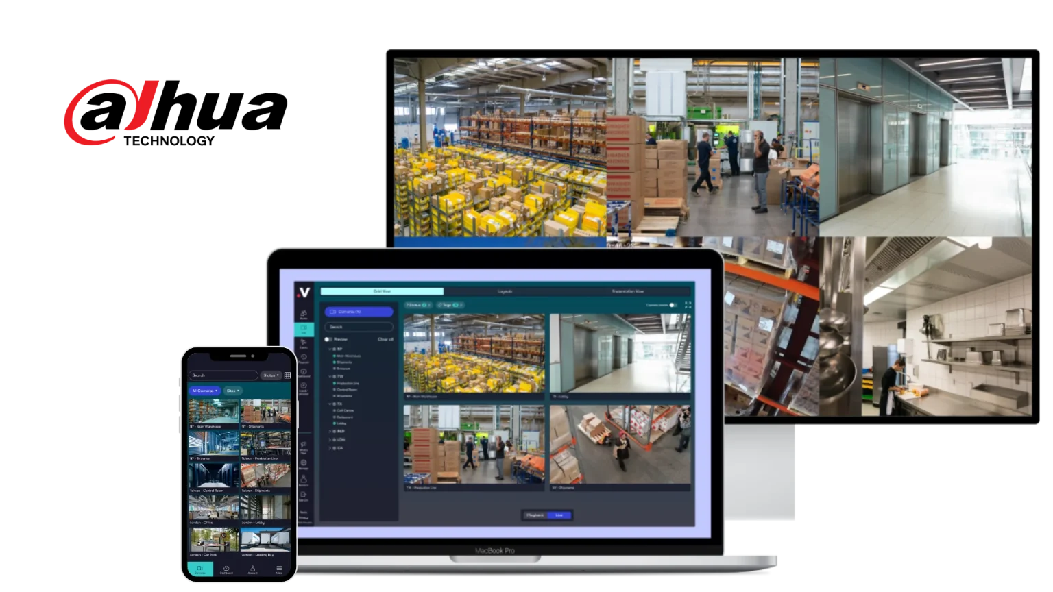 Dahua cameras connected to the Videoloft cloud platform showing live video feeds from warehouses, offices, and kitchens on desktop and mobile devices.