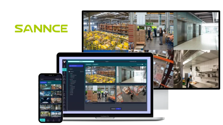 ANNKE cameras connected to the Videoloft cloud platform showing live video feeds from warehouses, offices, and kitchens on desktop and mobile devices.