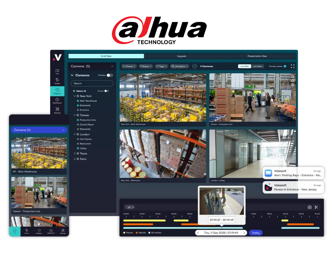 Videoloft's cloud VMS with the Dahua logo showing compatibility with Dahua devices
