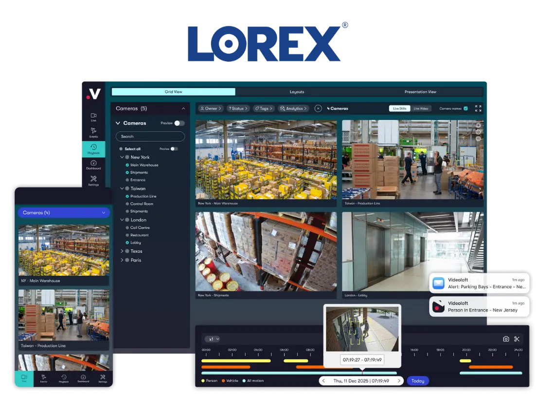 Videoloft's cloud VMS with the Lorex logo showing compatibility with Lorex devices
