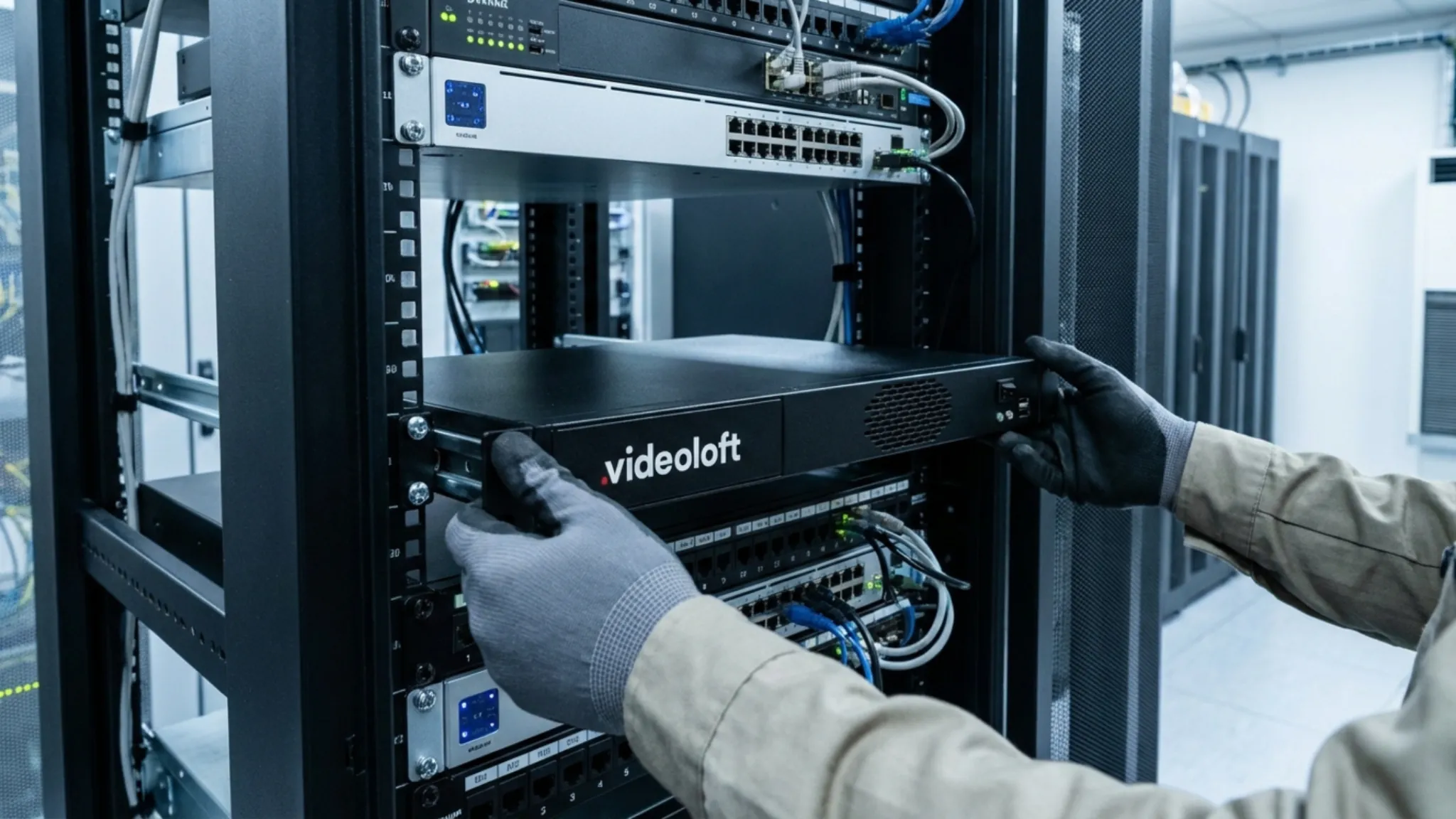 Technician installing a Videoloft Cloud Adapter Enterprise unit into a server rack inside a data center.