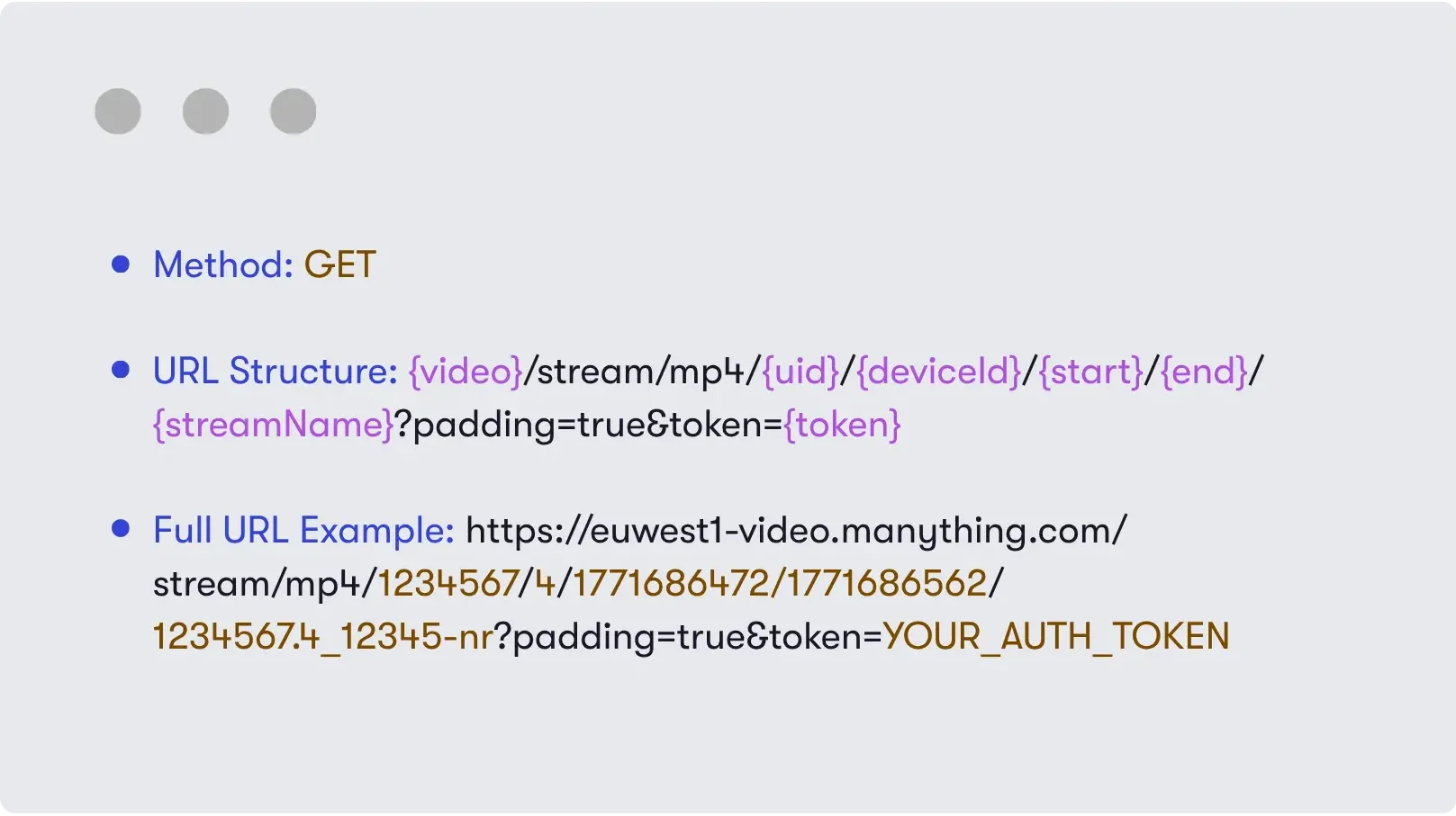 Stylized browser window showing a color-coded example of a video streaming URL request, used as a visual illustration of cloud video integration.