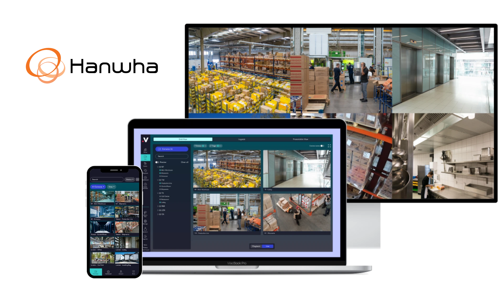 Videoloft's cloud VMS with the Hanwha logo showing compatibility with Hanwha cameras and recorders, and access via mobile or desktop.