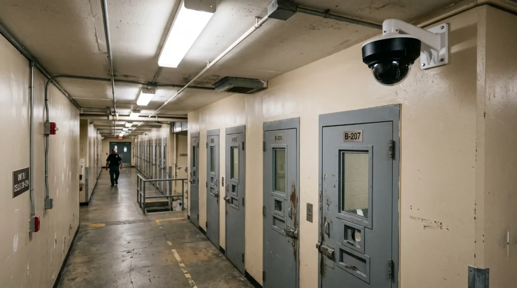 Security camera overlooking a corridor inside a US prison.