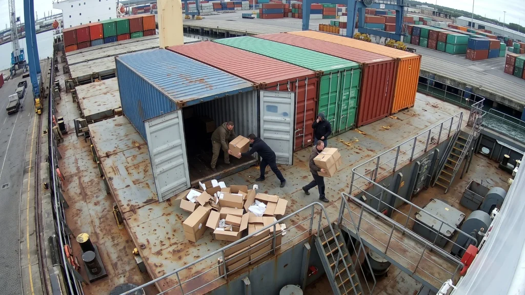 Cargo thieves removing boxes from shipping containers at a busy freight terminal.